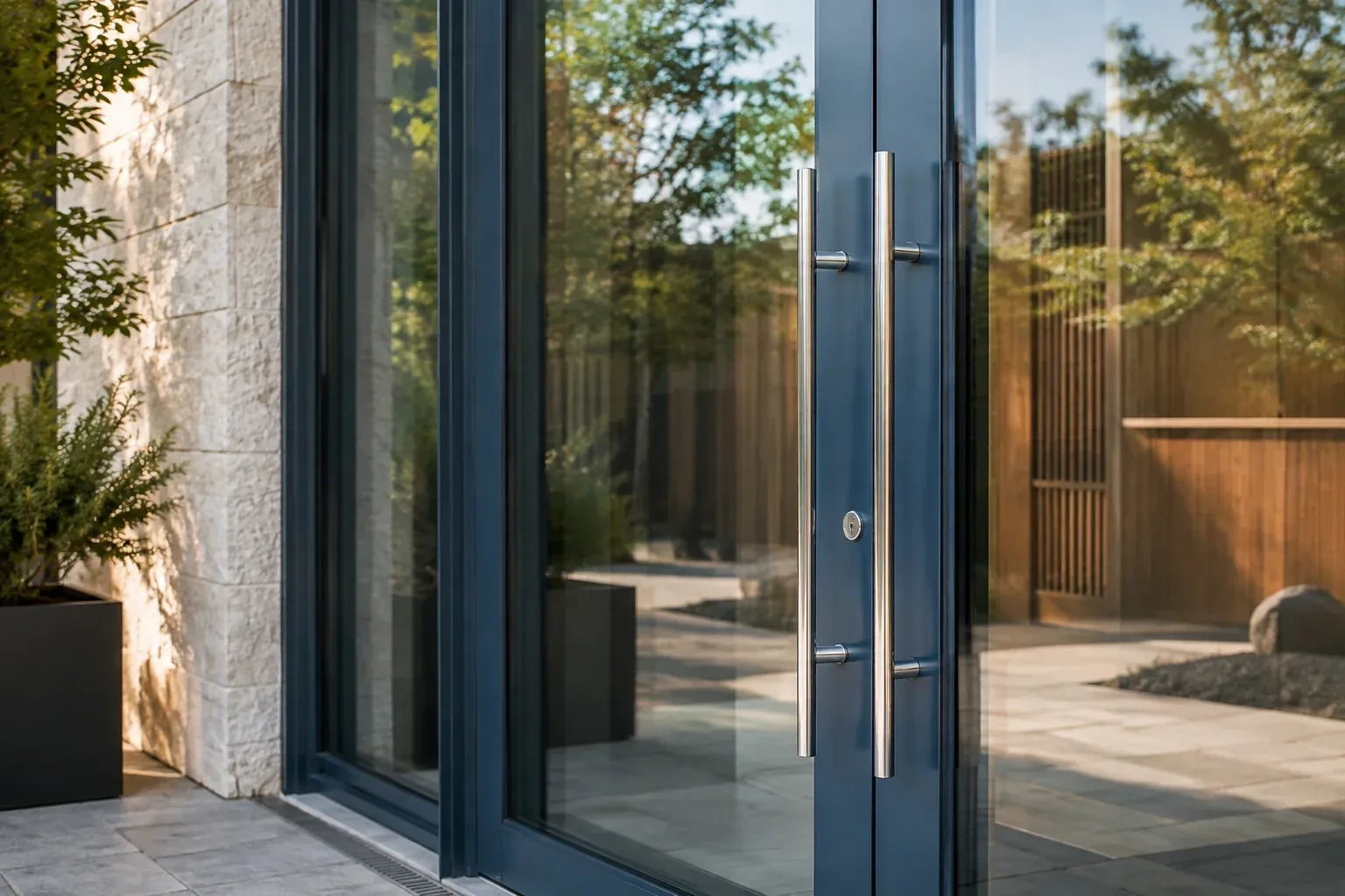 Dark-framed glass entrance doors with long silver-colored vertical pull handles and a round keyhole. — Business Lockout Service, Richmond Hill