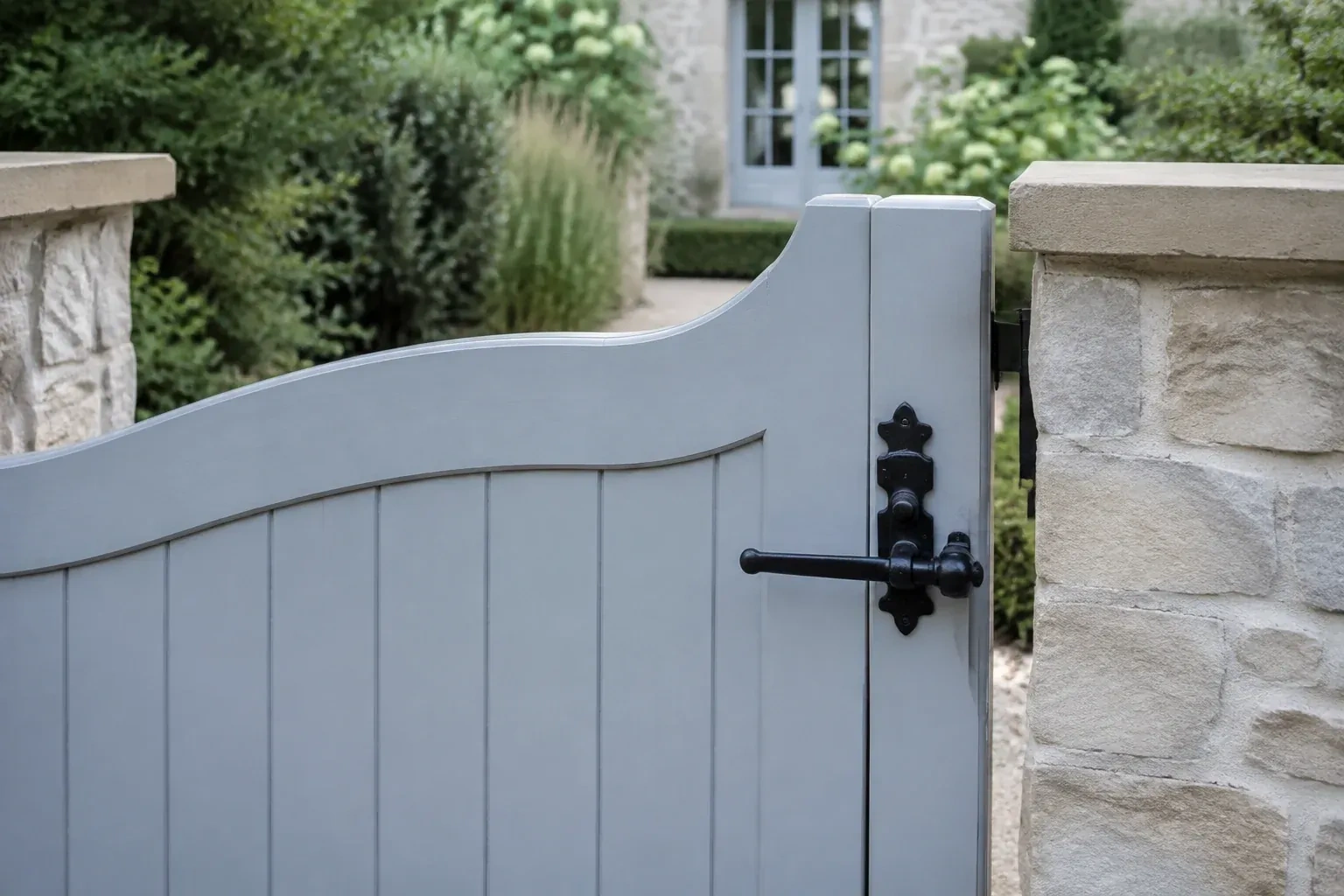 Pale blue garden gate with a black lever latch between light stone pillars. — Gate & Building Entry Locks, Richmond Hill
