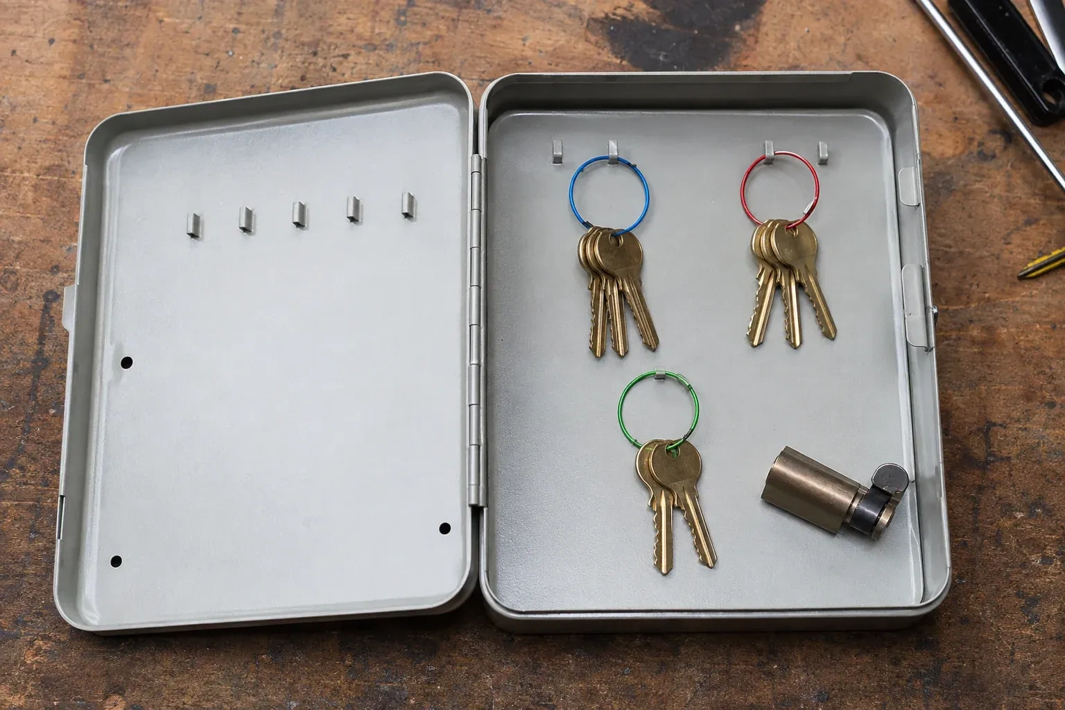 Three groups of keys on colored rings in an open metal key cabinet. — Master Key System Design, Richmond Hill