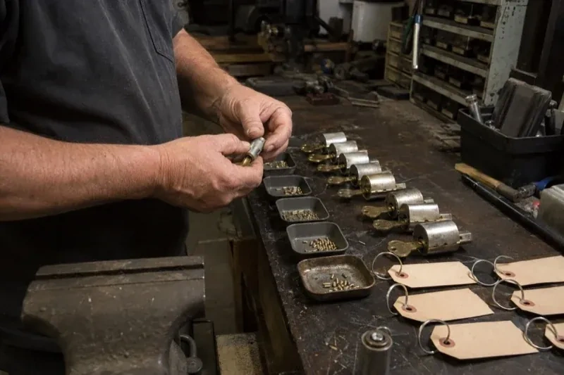 Person handling a lock cylinder at a workbench lined with cylinders, keys, small pin trays and blank key tags. — Commercial Rekeying, Richmond Hill