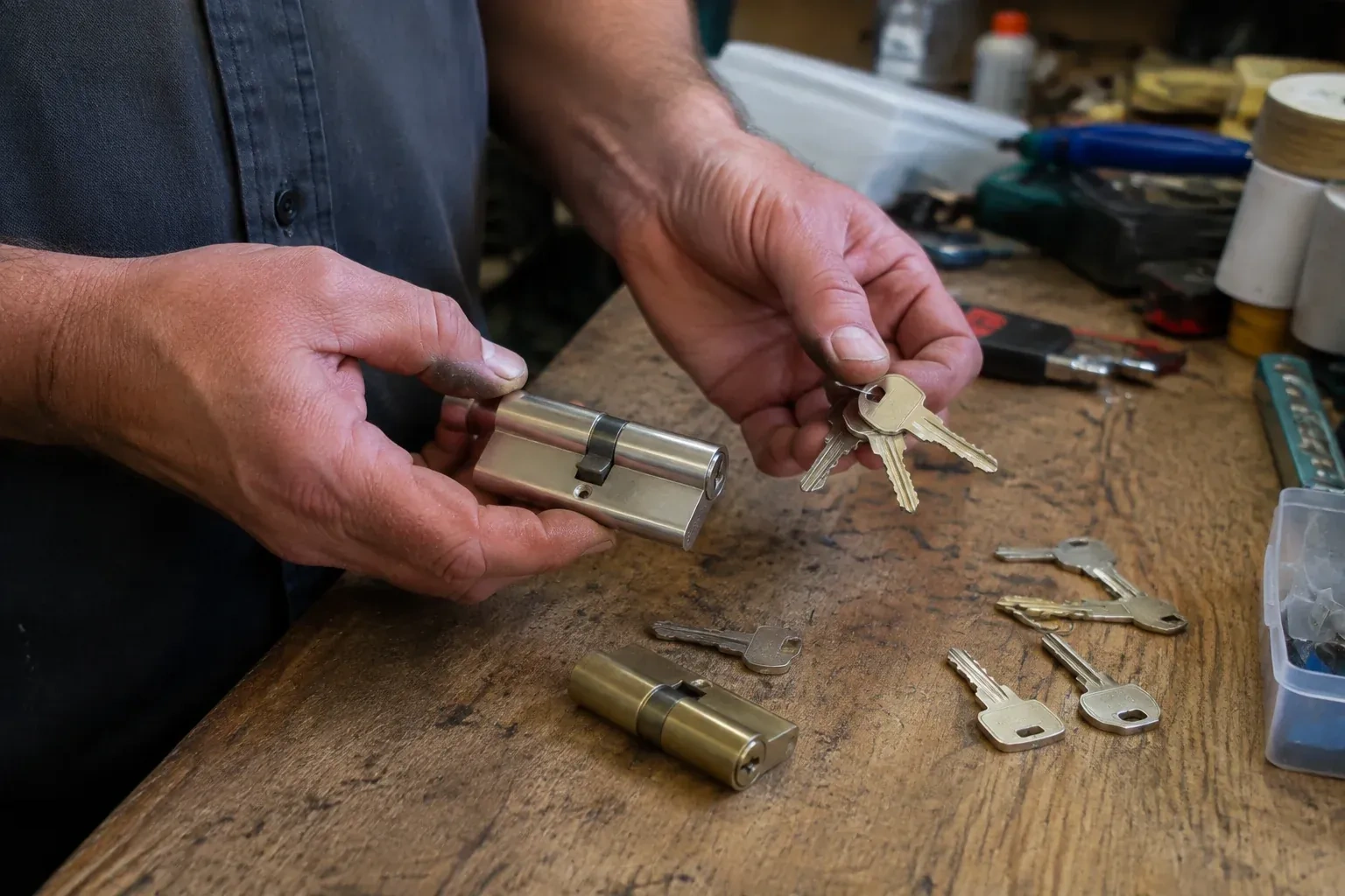Hands holding a lock cylinder and a ring of keys above a worn workbench with another cylinder and loose keys. — Lock Rekeying, Richmond Hill