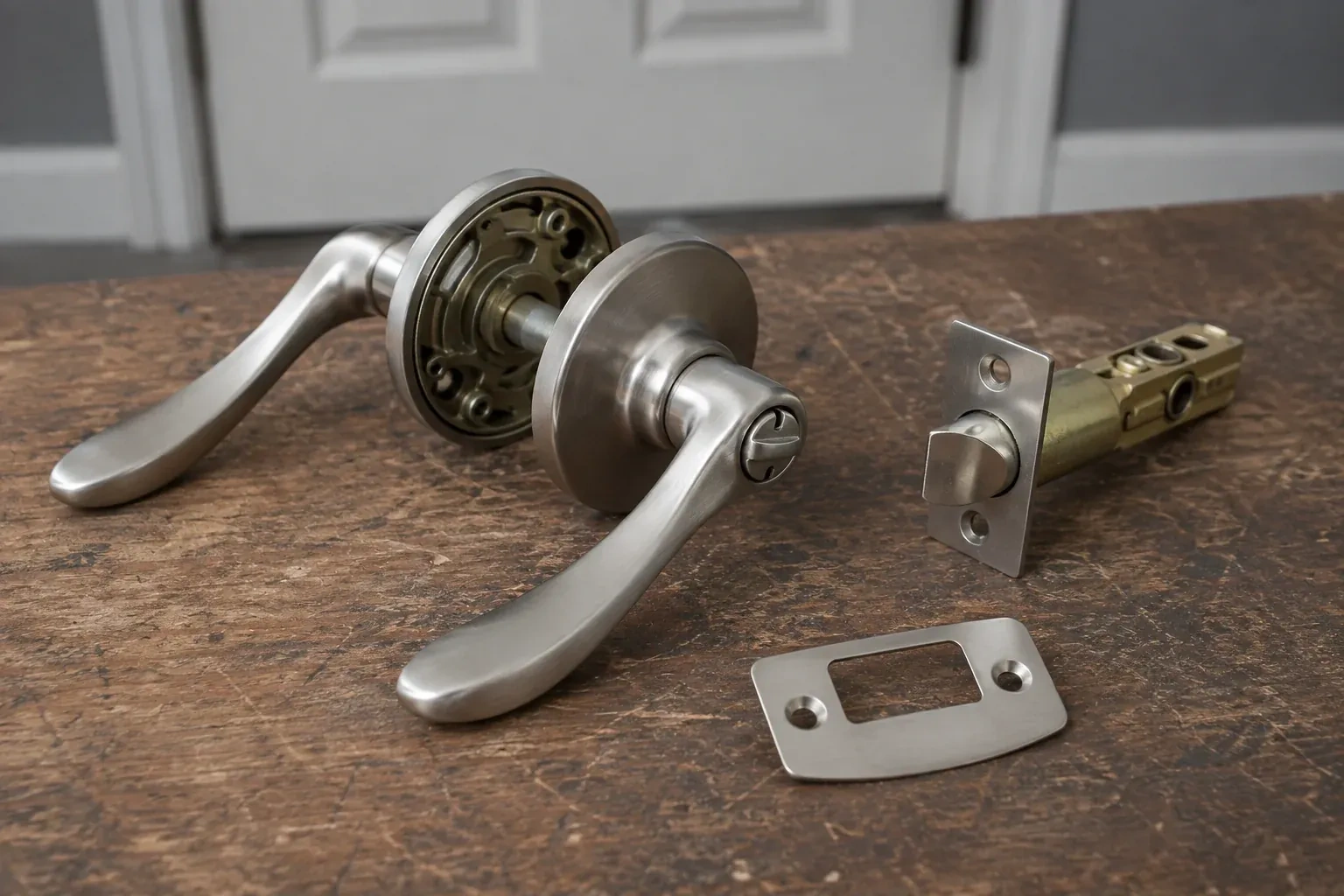 Detached satin-nickel lever hardware, tubular latch and strike plate on a wooden workbench. — Lock Replacement & Upgrade, Richmond Hill