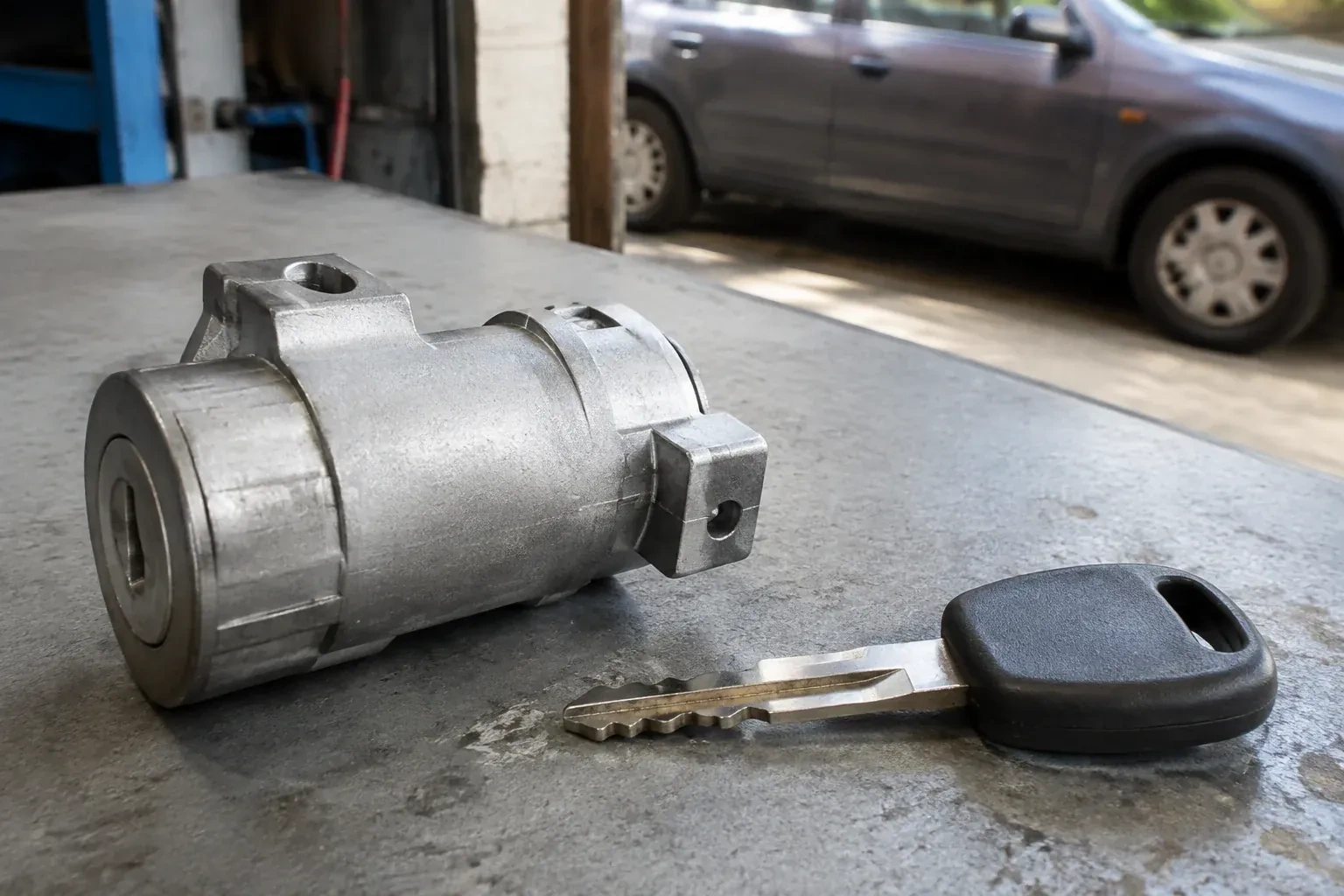 Detached cylindrical lock housing and black-headed key on an automotive workbench. — Ignition Lock Repair, Richmond Hill
