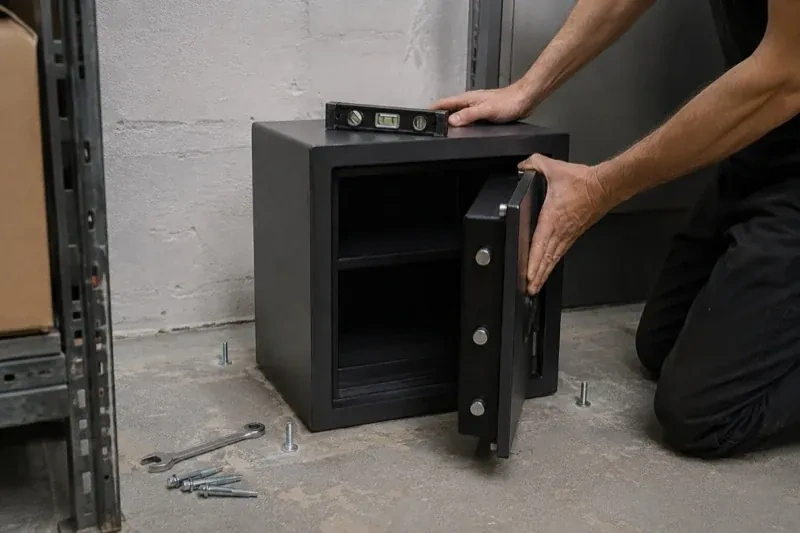 Person kneeling beside an open black safe with a spirit level on top and loose bolts and a wrench on the concrete floor. — Safe Installation & Servicing, Richmond Hill