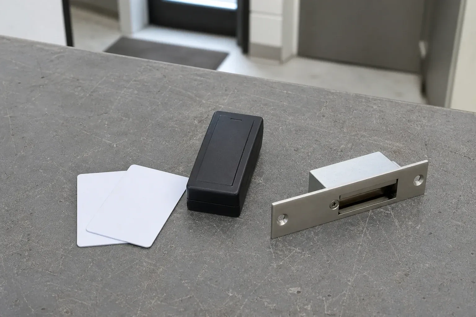Detached card reader, two plain cards and an electric-strike component on a service bench. — Access Control Installation, Richmond Hill