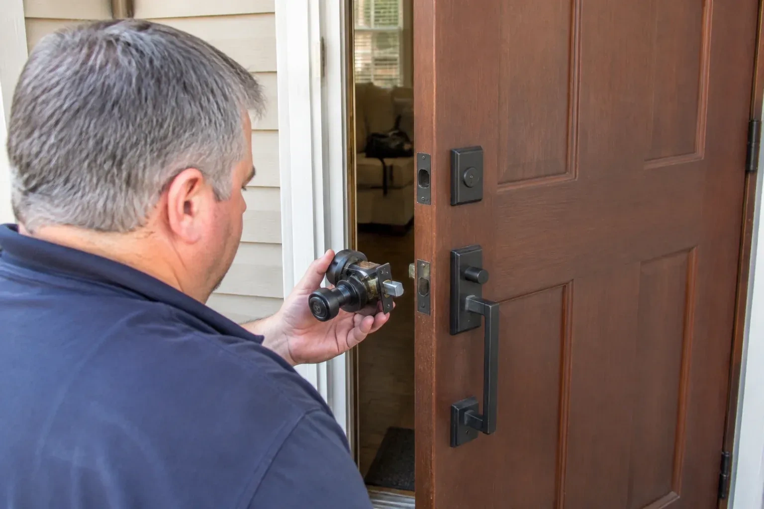Person holding a removed black lock assembly beside a partly open brown front door with a long black pull handle. — Home Lockout Service, Richmond Hill