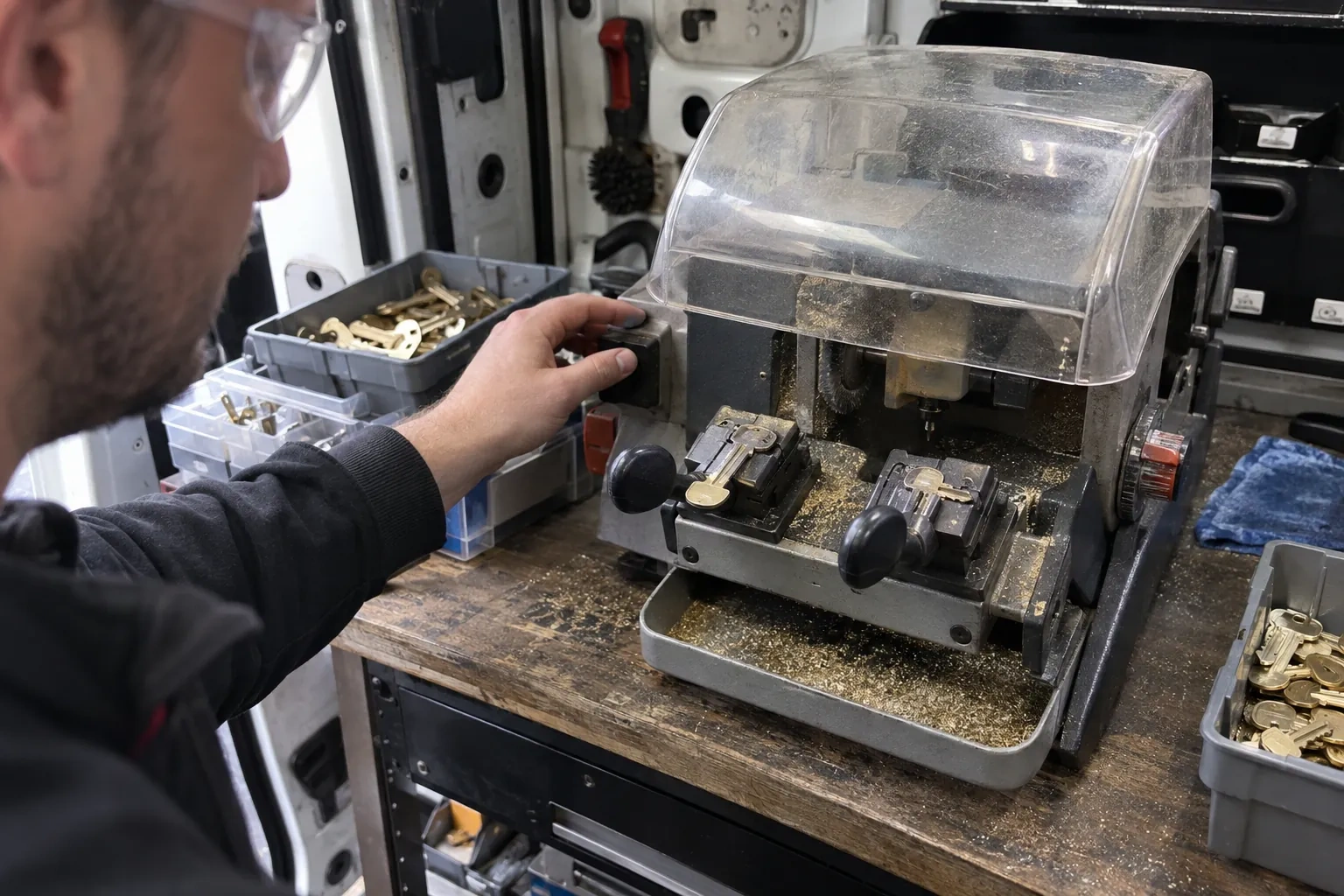Person in safety glasses reaching for a key-cutting machine with a clear cover, beside trays of brass key blanks. — Spare Car Key Duplication, Richmond Hill