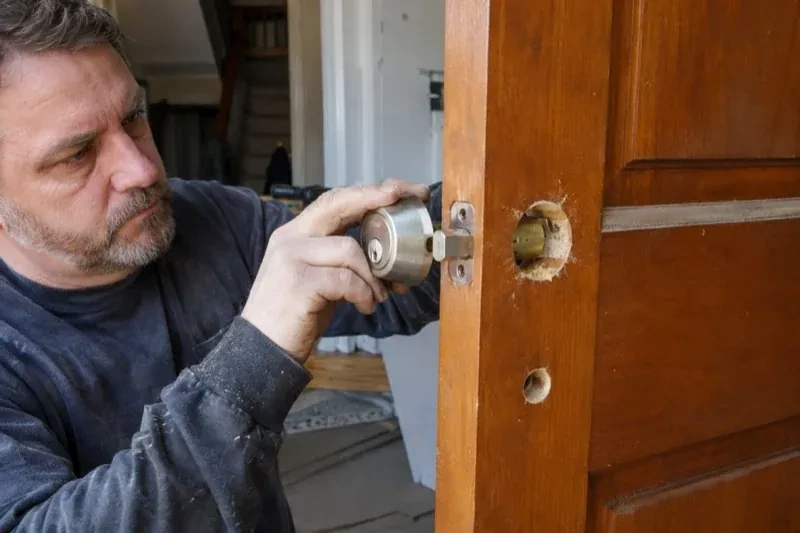 Person holding a silver-colored lock beside an open wooden door with exposed circular holes and a latch at its edge. — Deadbolt Installation, Richmond Hill
