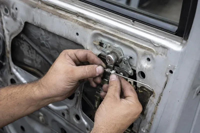 Hands holding a small linkage beside an exposed car-door lock mechanism with the interior trim removed. — Vehicle Lock Repair, Richmond Hill