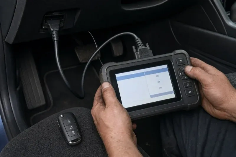 Hands holding a diagnostic tablet connected beneath a car dashboard, with a key fob resting on the person’s leg. — Key Fob Programming, Richmond Hill