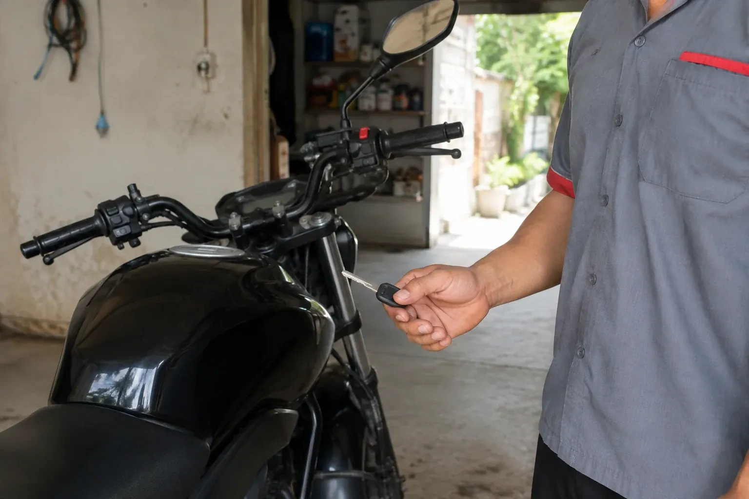 Technician holding a black-headed key beside a parked motorcycle. — Motorcycle & Scooter Keys, Richmond Hill