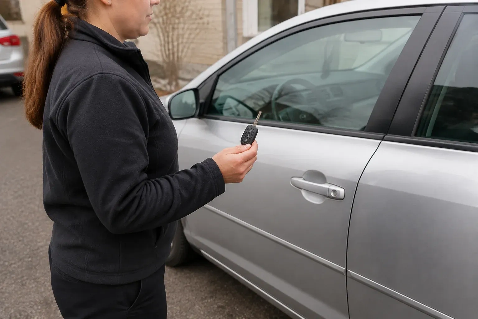 Technician holding a remote key with an extended blade beside a silver car. — Car Key Replacement, Richmond Hill