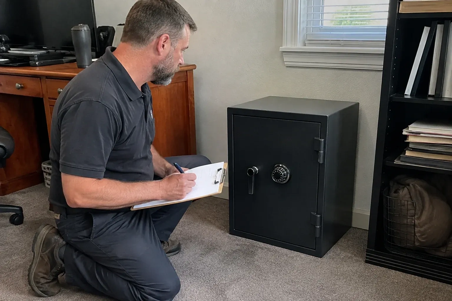 Person writing on a clipboard while kneeling beside a closed black safe with a numbered combination dial in a home office. — Safe Opening & Combination Change, Richmond Hill